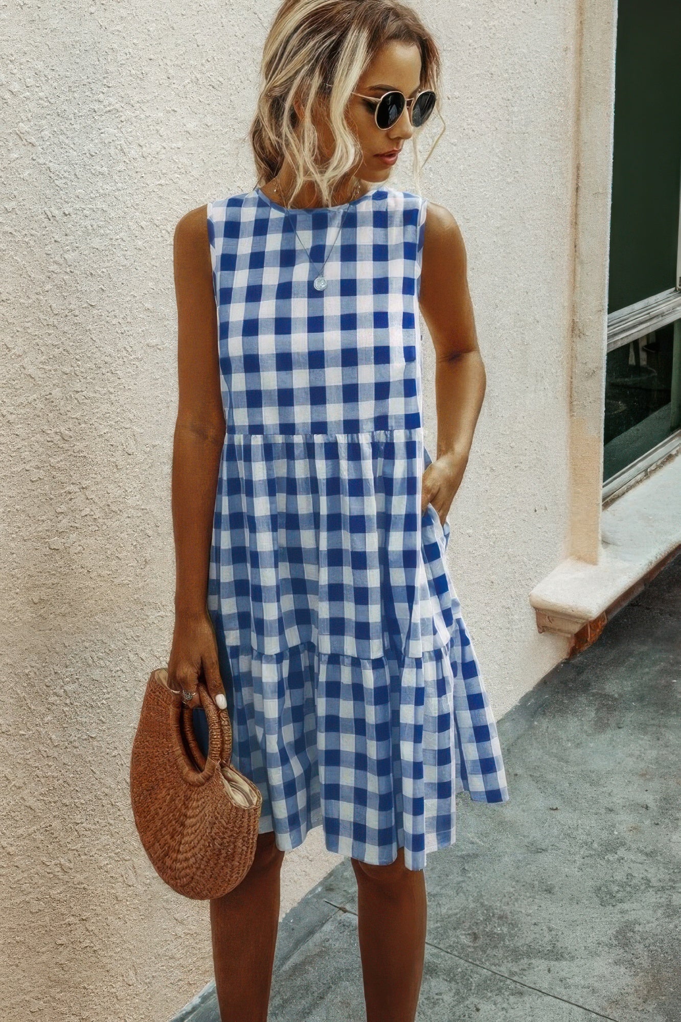 Plaid Sleeveless Robe Vests A Line Dress
