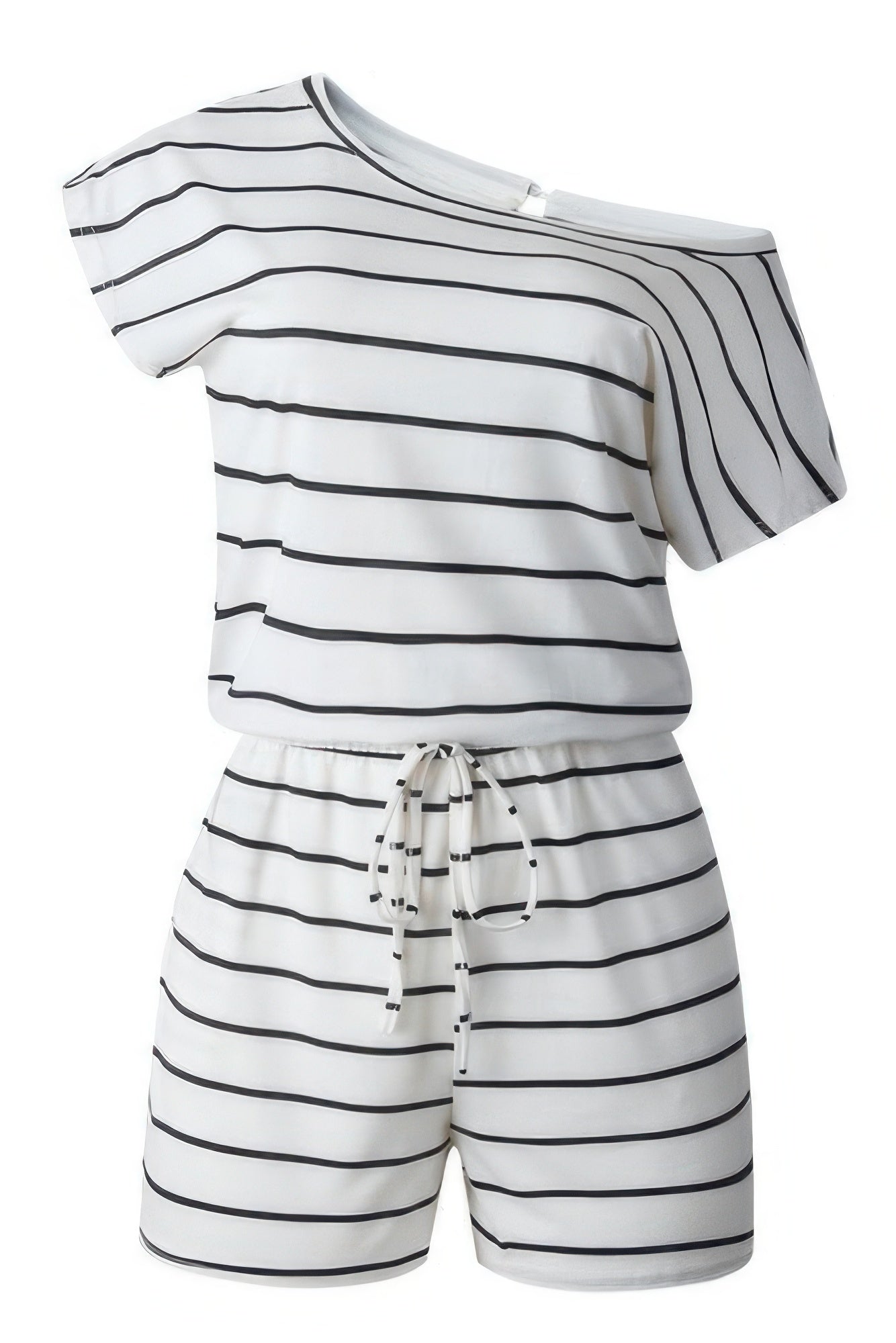 Striped Short Sleeve Drawstring Waist Romper