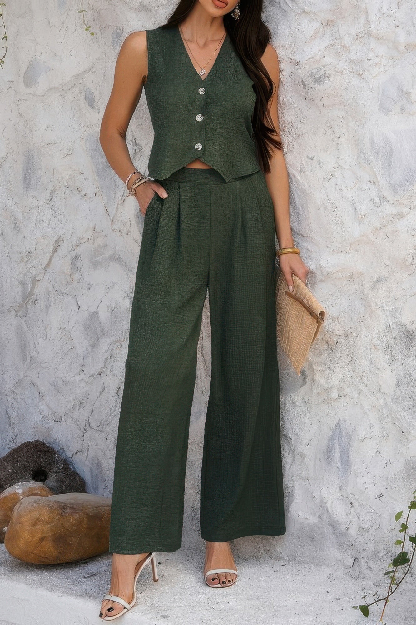 Solid V Neck Button Vest Pleated Suit Sets