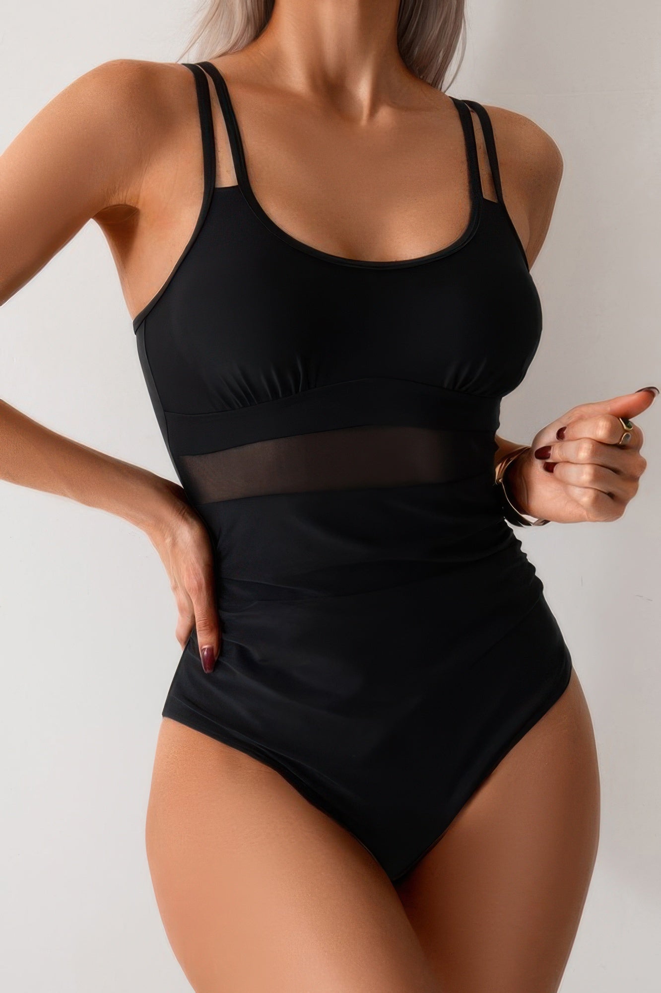 Solid Square Beck Double Strap Mesh Swimsuit