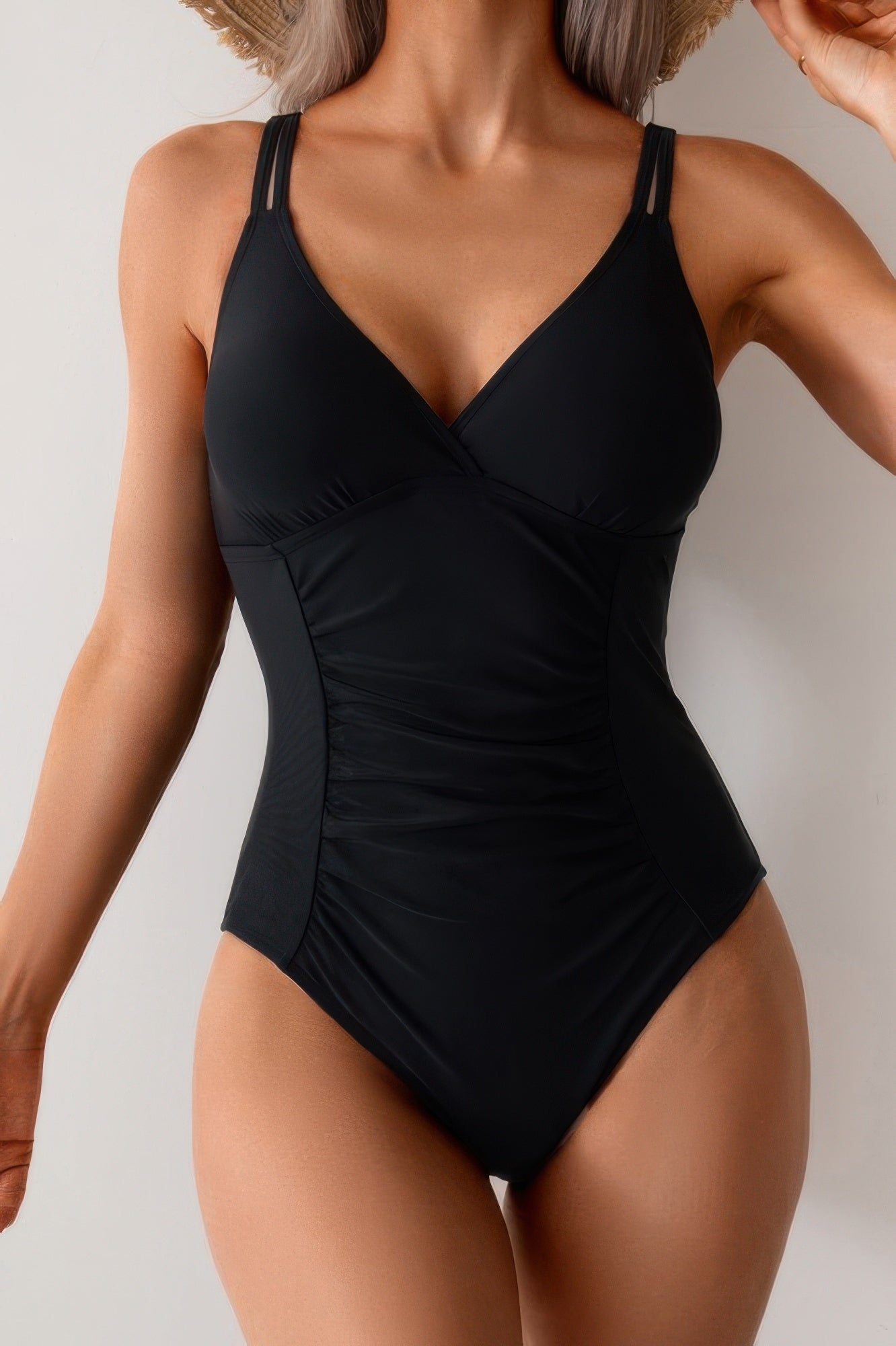Solid One Piece Ruched Strappy V Neck Bikini