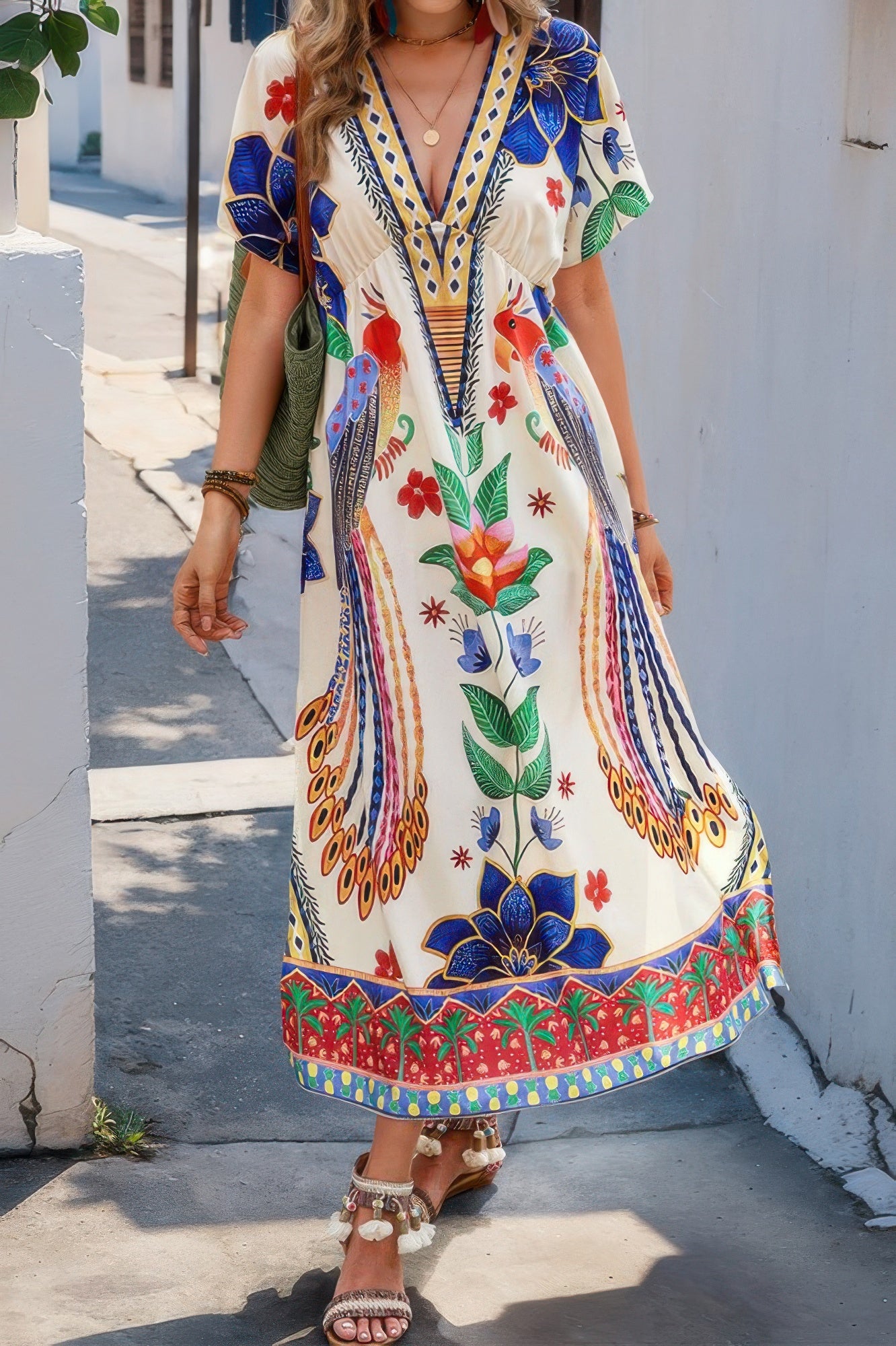 Floral Deep V Neck Batwing Sleeve Fit Dress