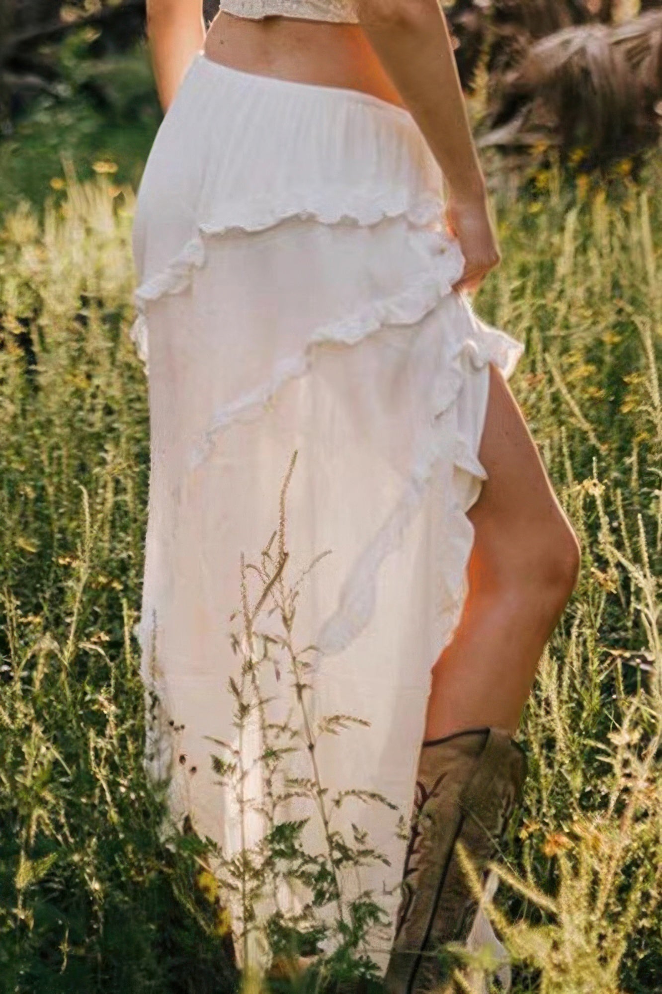 Solid Ruffle Drawstring Waist Asymmetry Hem Skirt