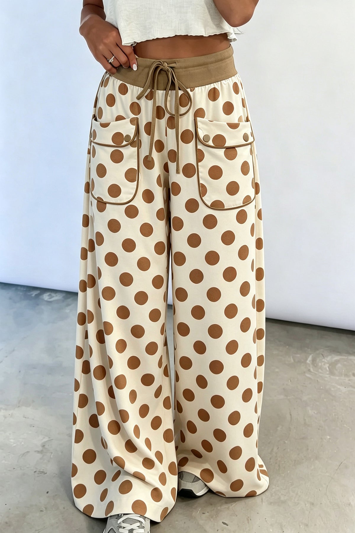 Brown Polka Dot Drawstring Pocket Wide Leg Pants