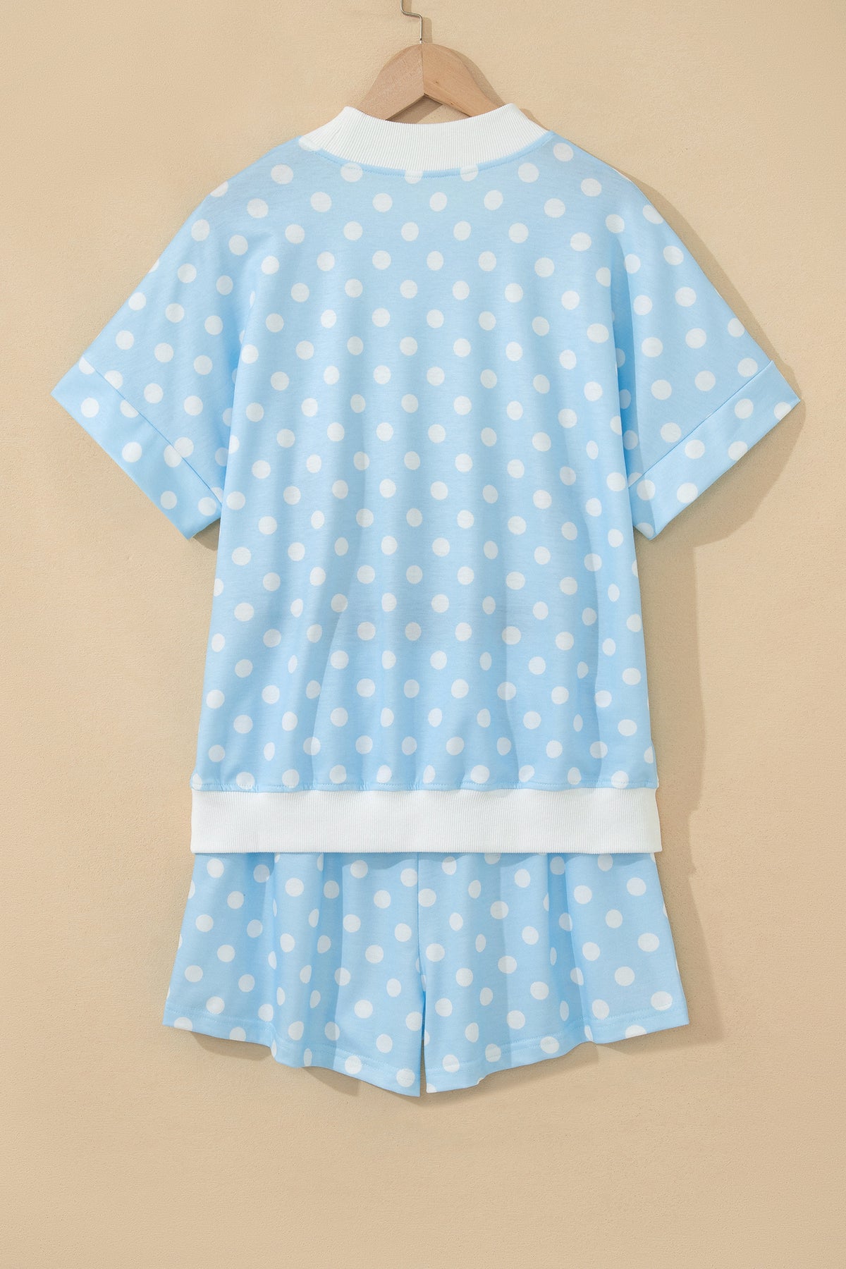 Women's Pink Polka Dot Print Color Block Trim Mock Neck Shorts Two-Piece Set