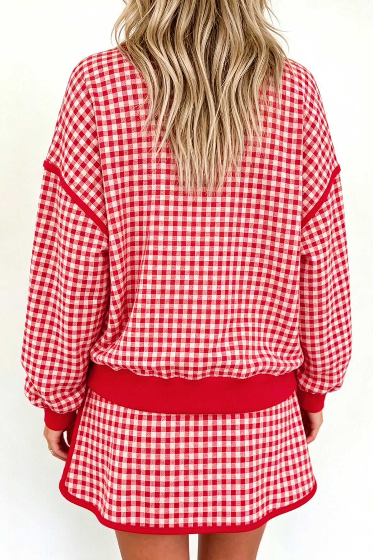 Brown Gingham Oversized Ribbed Crew Neck Long Sleeve Top and Skort Set