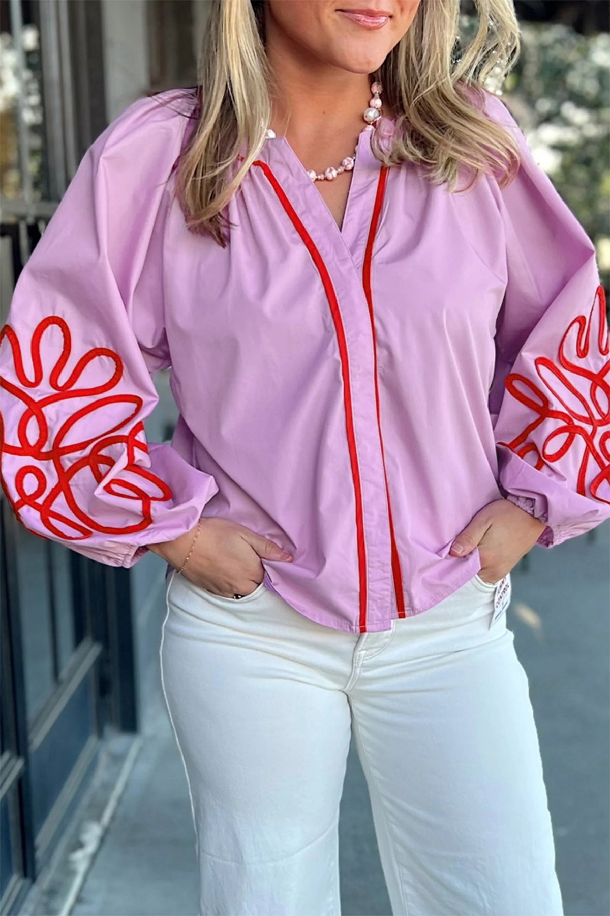 Orchid Bouquet Contrast Decorative Neckline Cotton Blouse