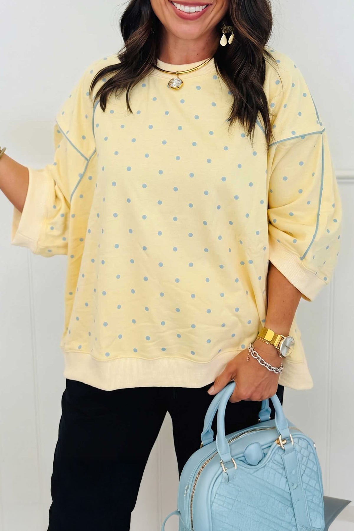 Gray Polka Dot Print Piping Trim 3/4 Sleeve Top