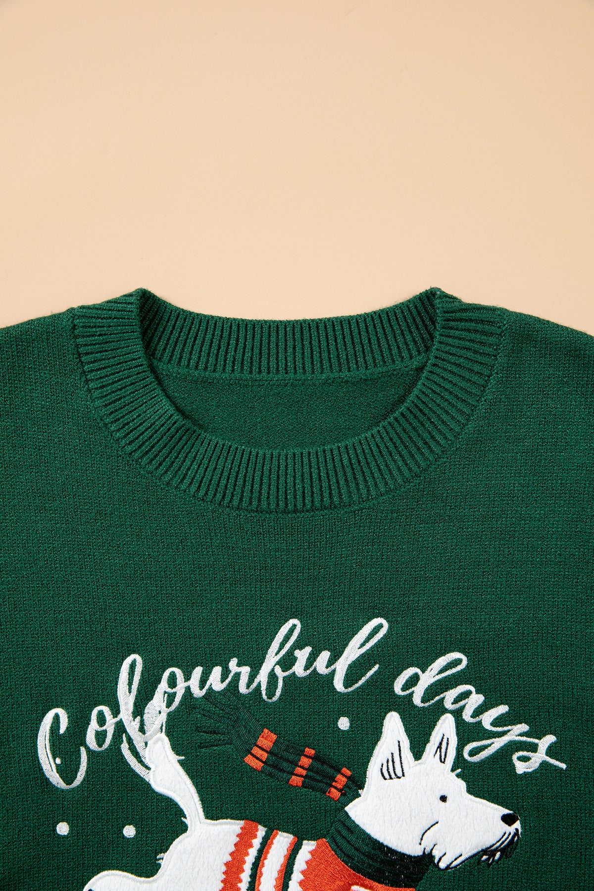 Blackish Green Abstract Dog Embroidery Christmas Round Neck Sweater