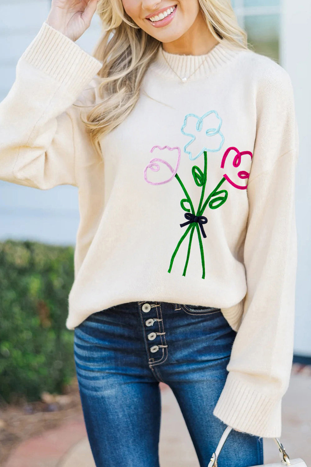 White Embroidered Flower Bouquet Ribbed Trim Loose Sweater