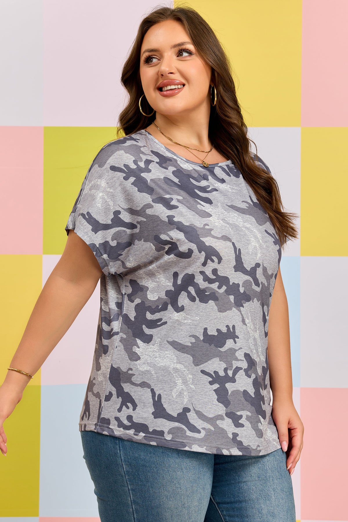 Gray Plus Size Camo Print Casual T-Shirt