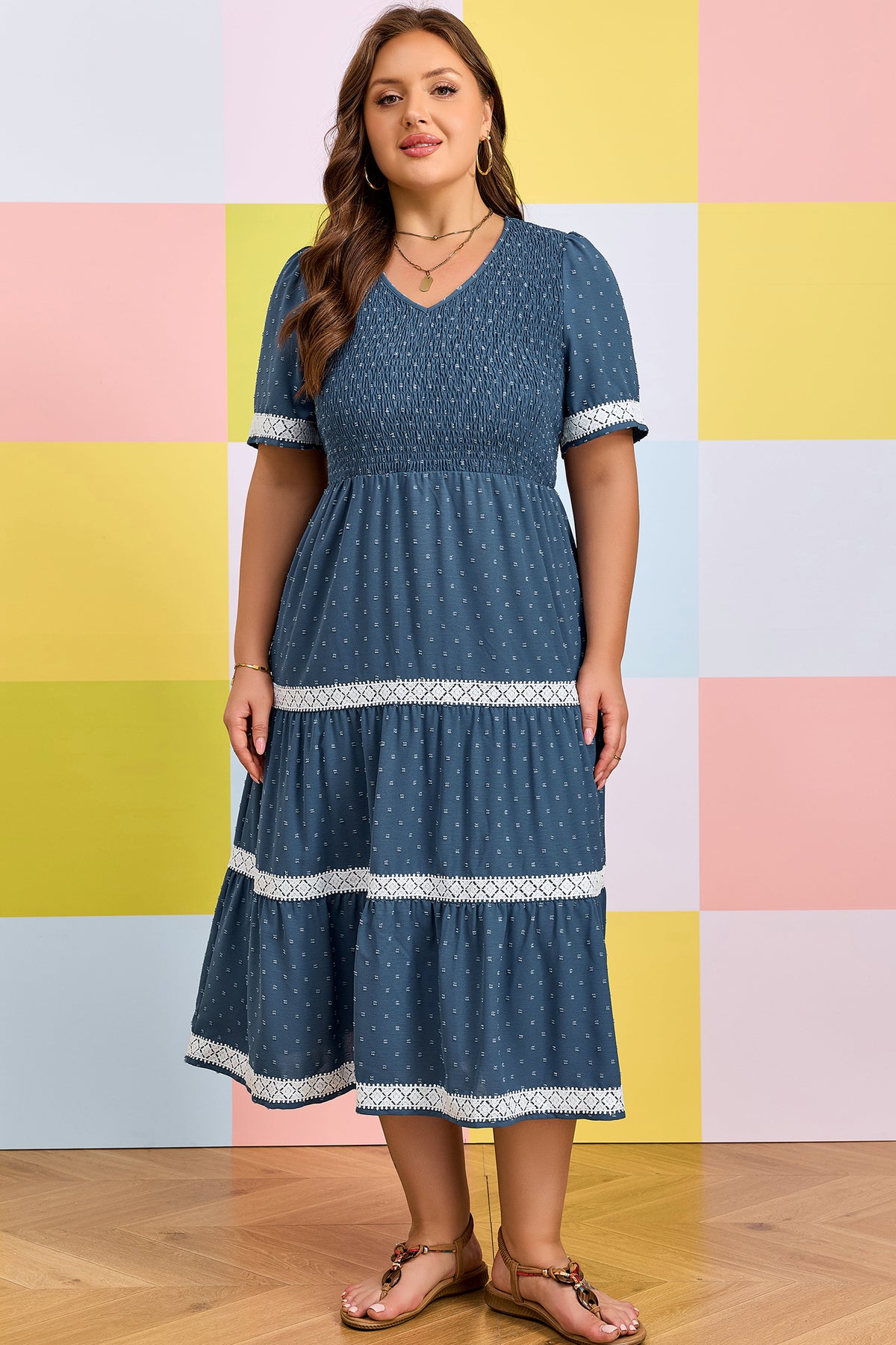 Dusk Blue Plus Size V-Neck Swiss Dot Lace Patchwork Detail Flared Midi Dress
