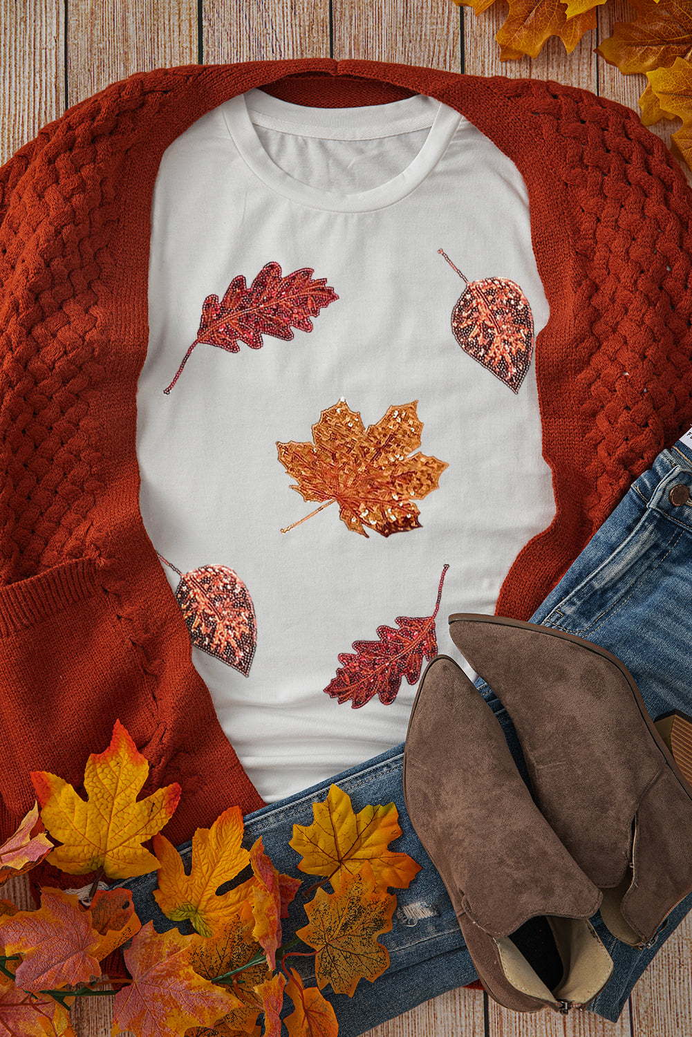 White Halloween Sequined Leaves Graphic Crew Neck T-Shirt