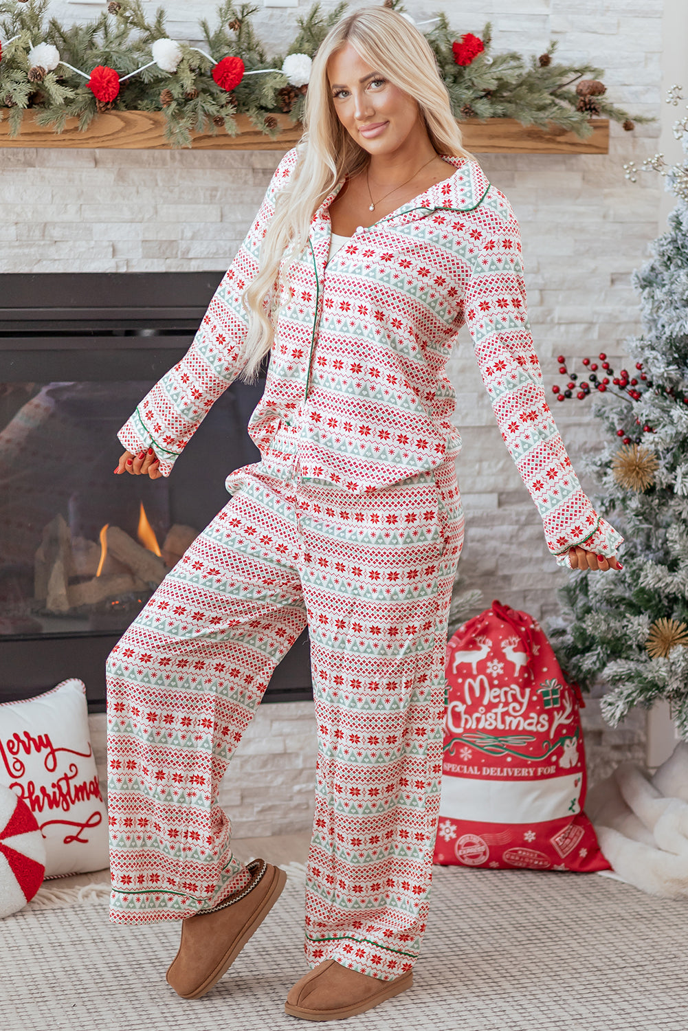White Christmas Pattern Print Shirt Style Long Pajama Set