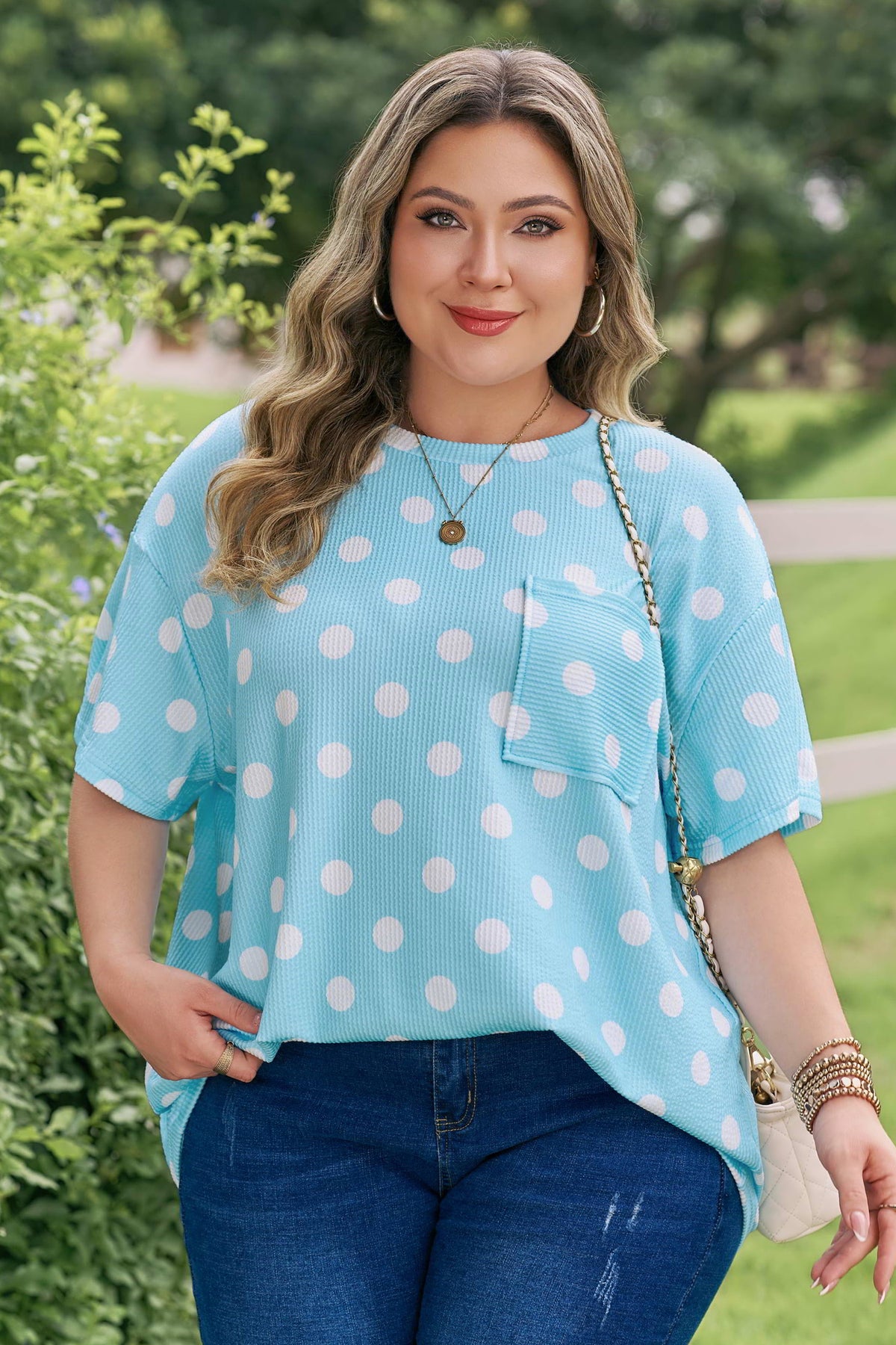 Pink Twisted Rib Polka Dot Print Plus Size T-Shirt
