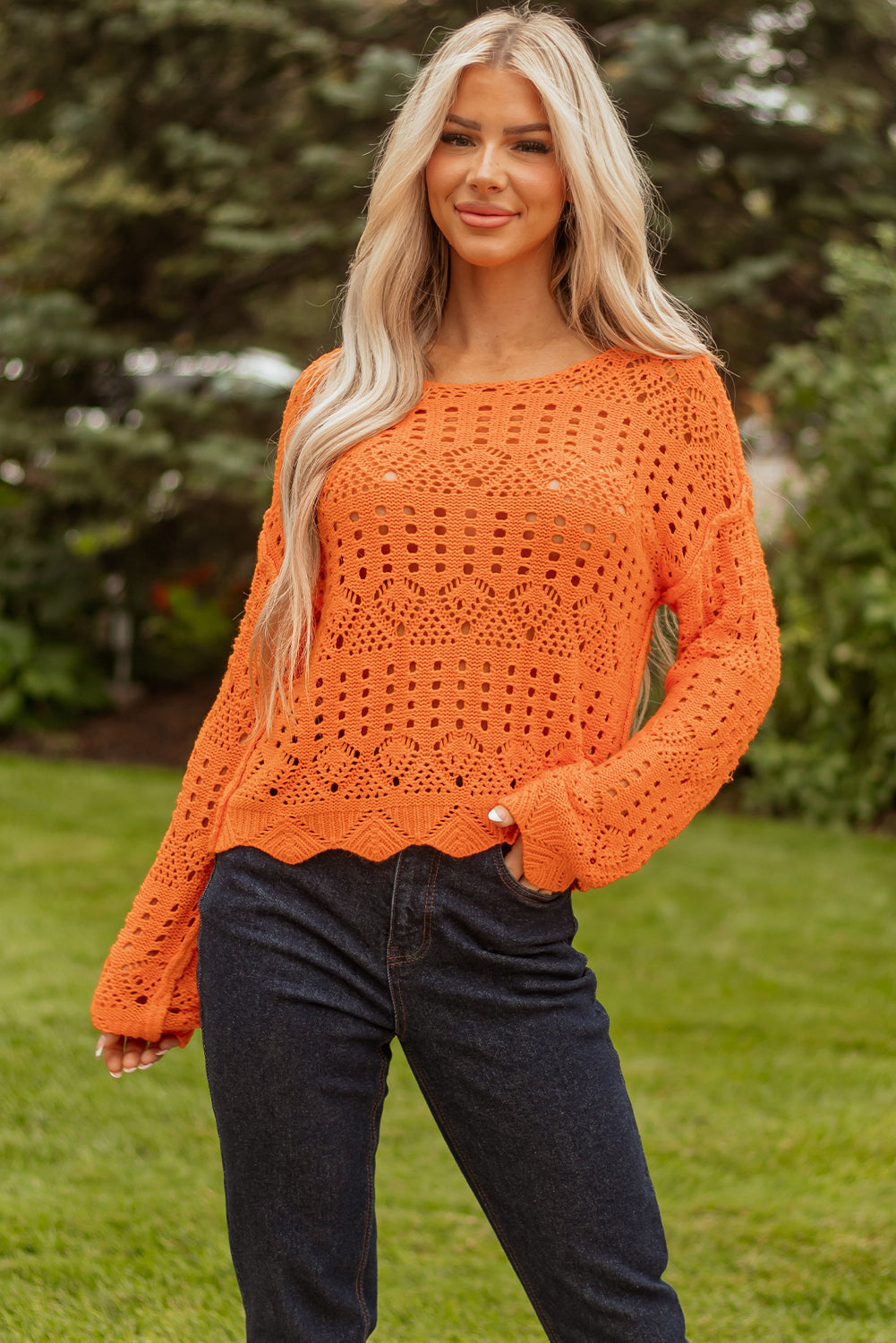 Carrot Solid Color Open Crochet Scallop Edge Sweater