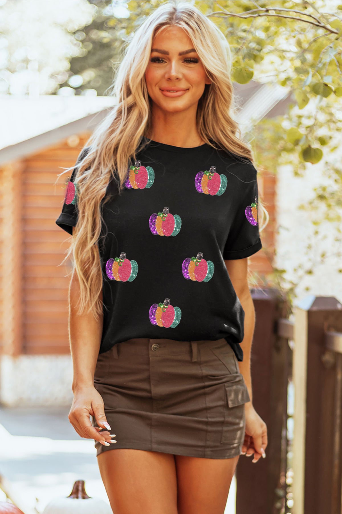 Black Sequined Pumpkin Graphic Round Neck Casual T-Shirt
