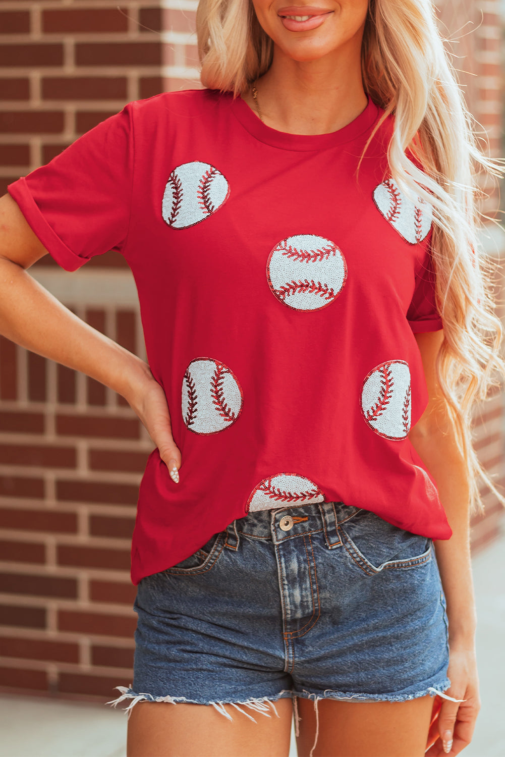 Red Glittering Rugby Pattern Crew Neck Game Day T-Shirt