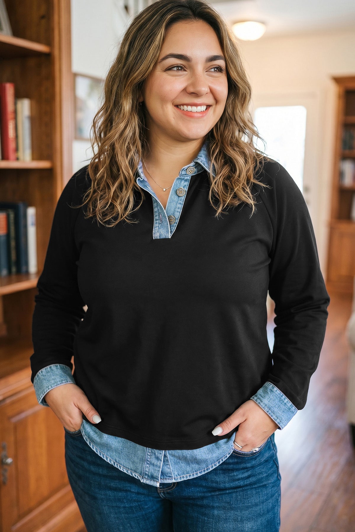 Black Solid Color-Block Long-Sleeve V-Neck Plus Size Blouse