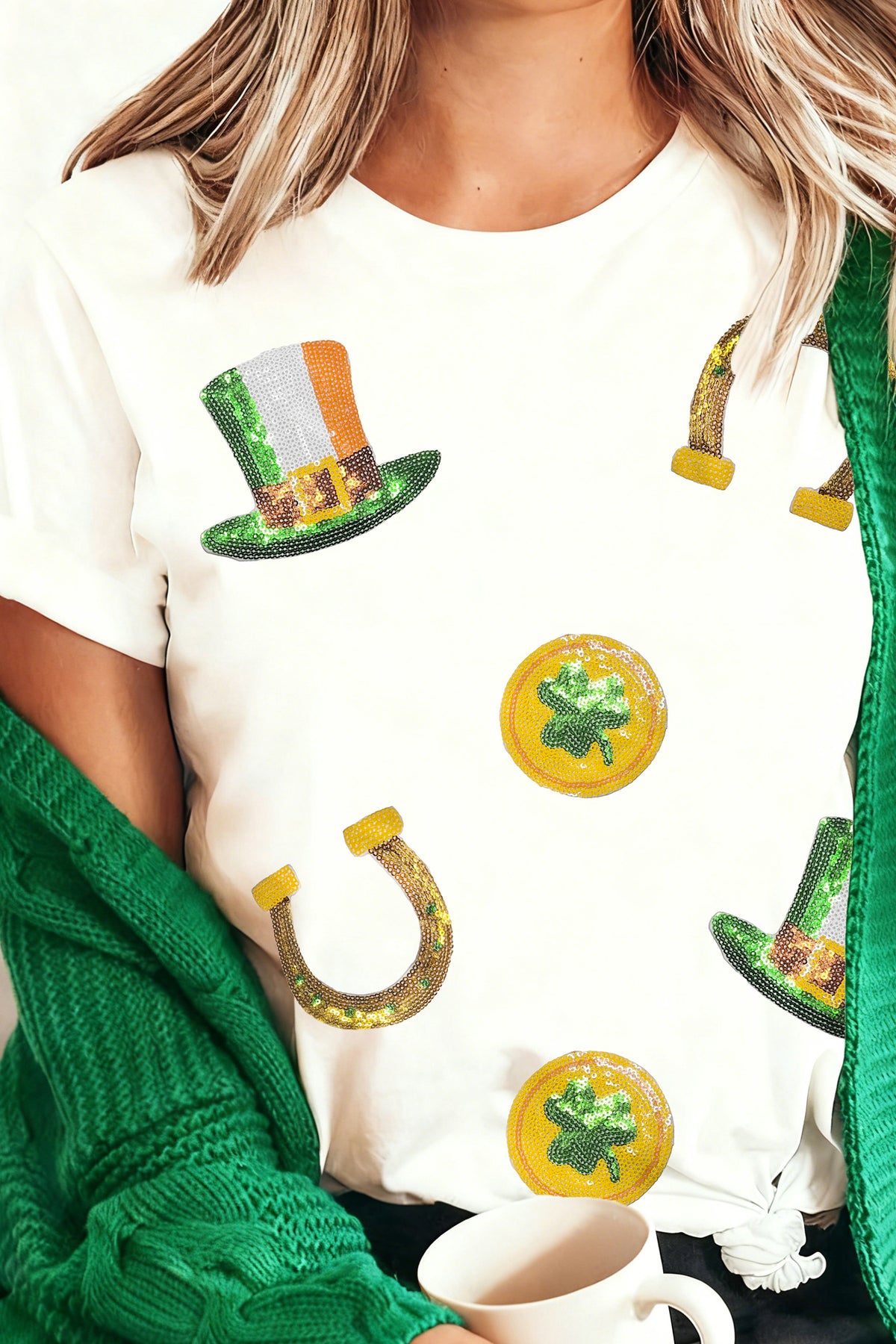 White St Patricks Day Sequin Graphic Casual T-Shirt