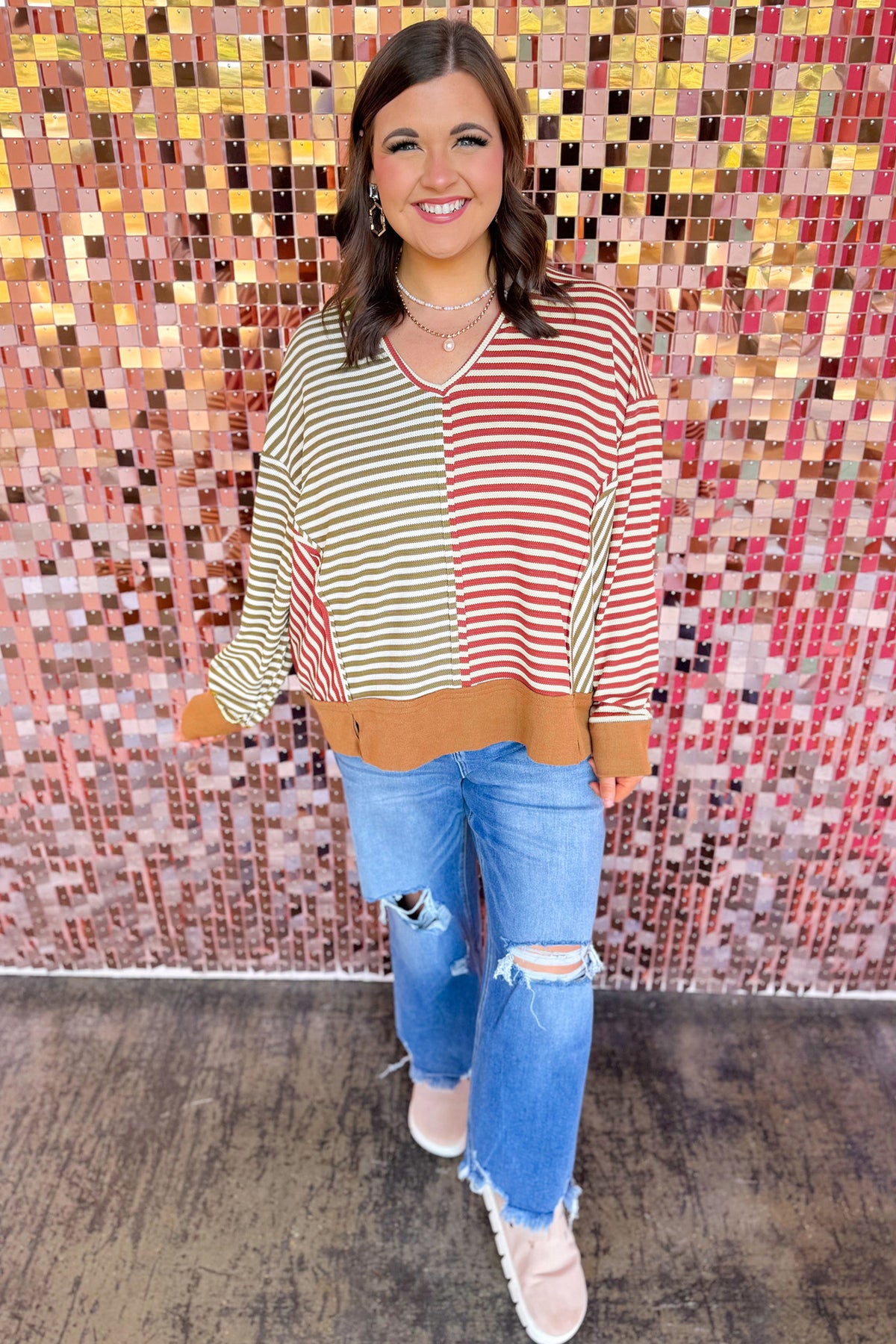 Brown Stripe Striped Color-Block V-Neck Oversized Long-Sleeve Plus Size Blouse