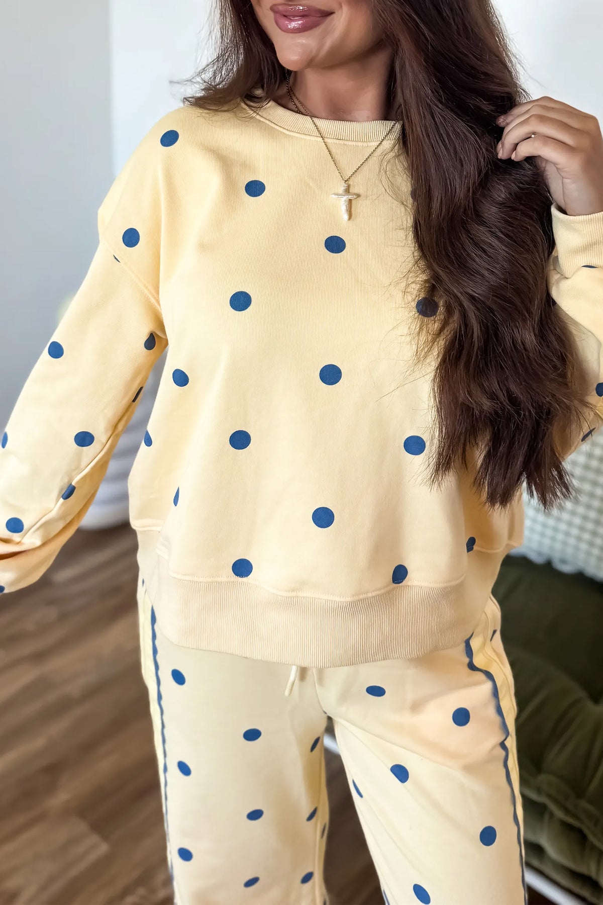 Yellow Polka Dot Top and Patchwork Wide Leg Pants Set