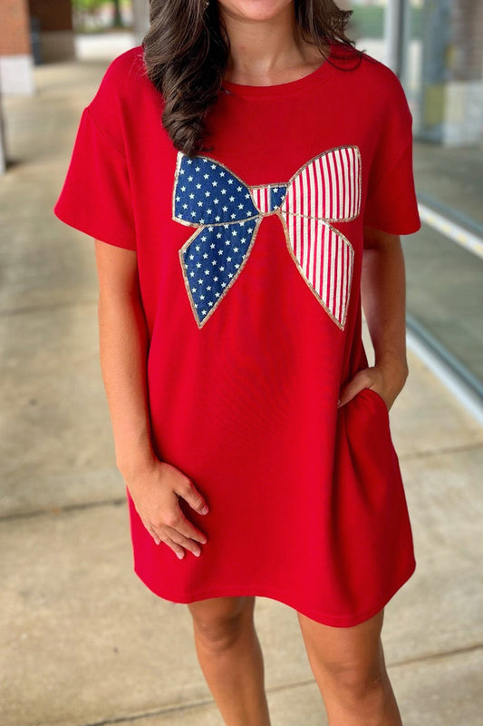 Fiery Red Sequin Trim Stars and Stripes Bow Patched T-Shirt Mini Dress
