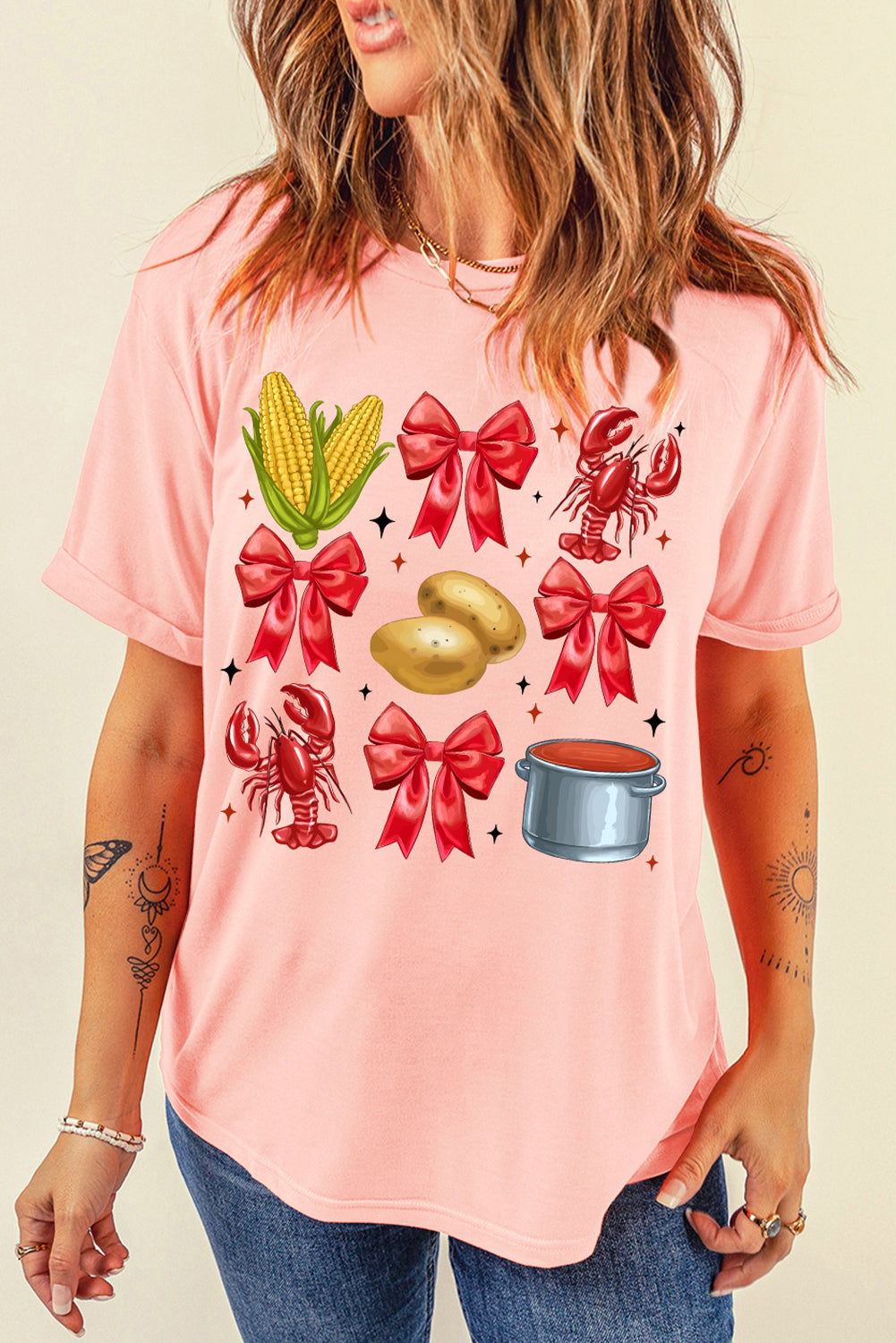 Pink Summer Food Bow Crawfish Printed T-Shirt
