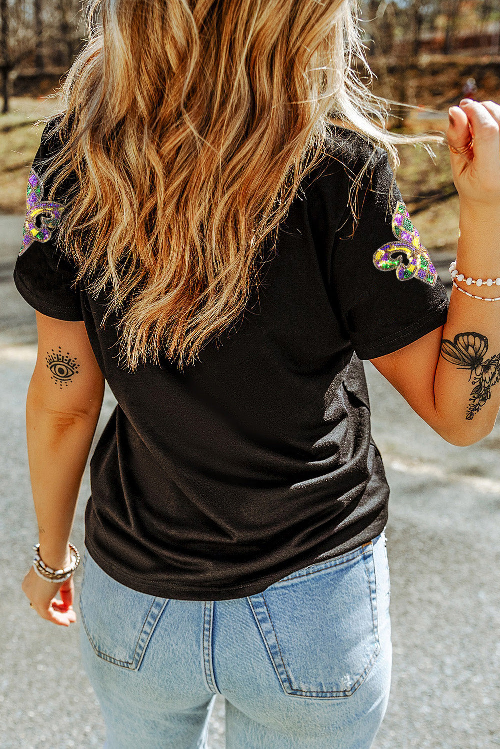 Black Maid Gras Sequin Fleur de Lis Graphic T-Shirt