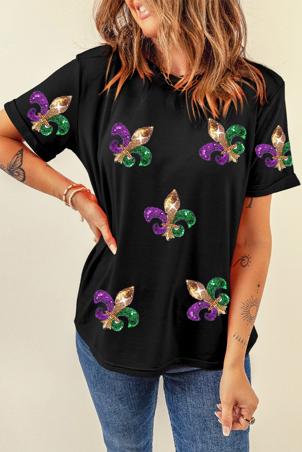 Black Mardi Gras Symbol Patched Crewneck T-Shirt