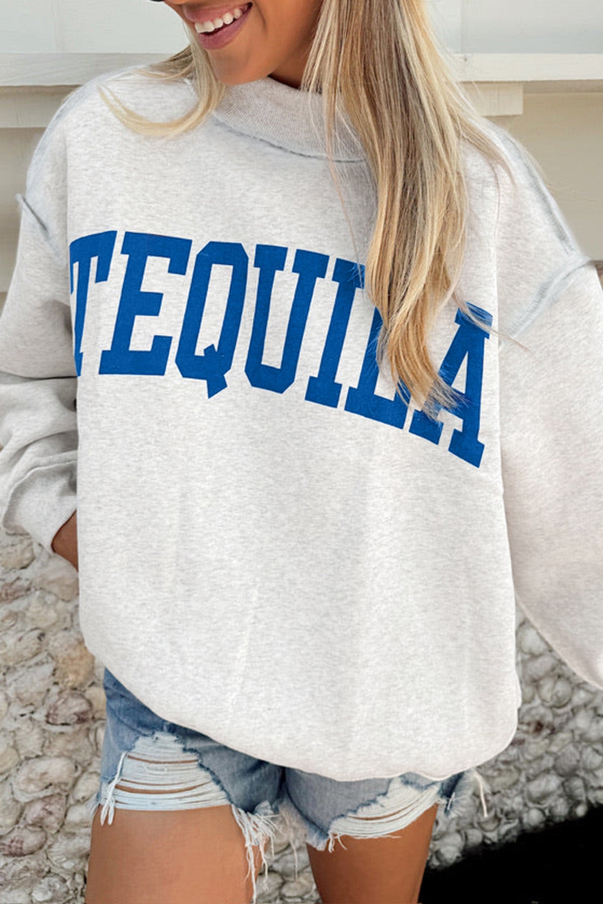 Light Gray TEQUILA HUNGOVER Reversible Print Mock Neck Sweatshirt