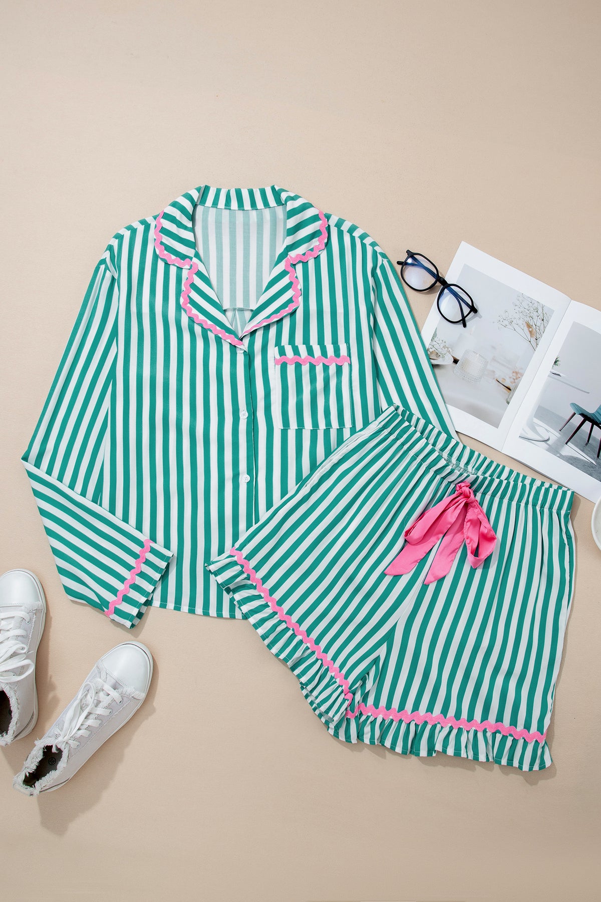 Green Stripe Ricrac Trim Long Sleeve Shirt and Ruffled Shorts Pajama Set