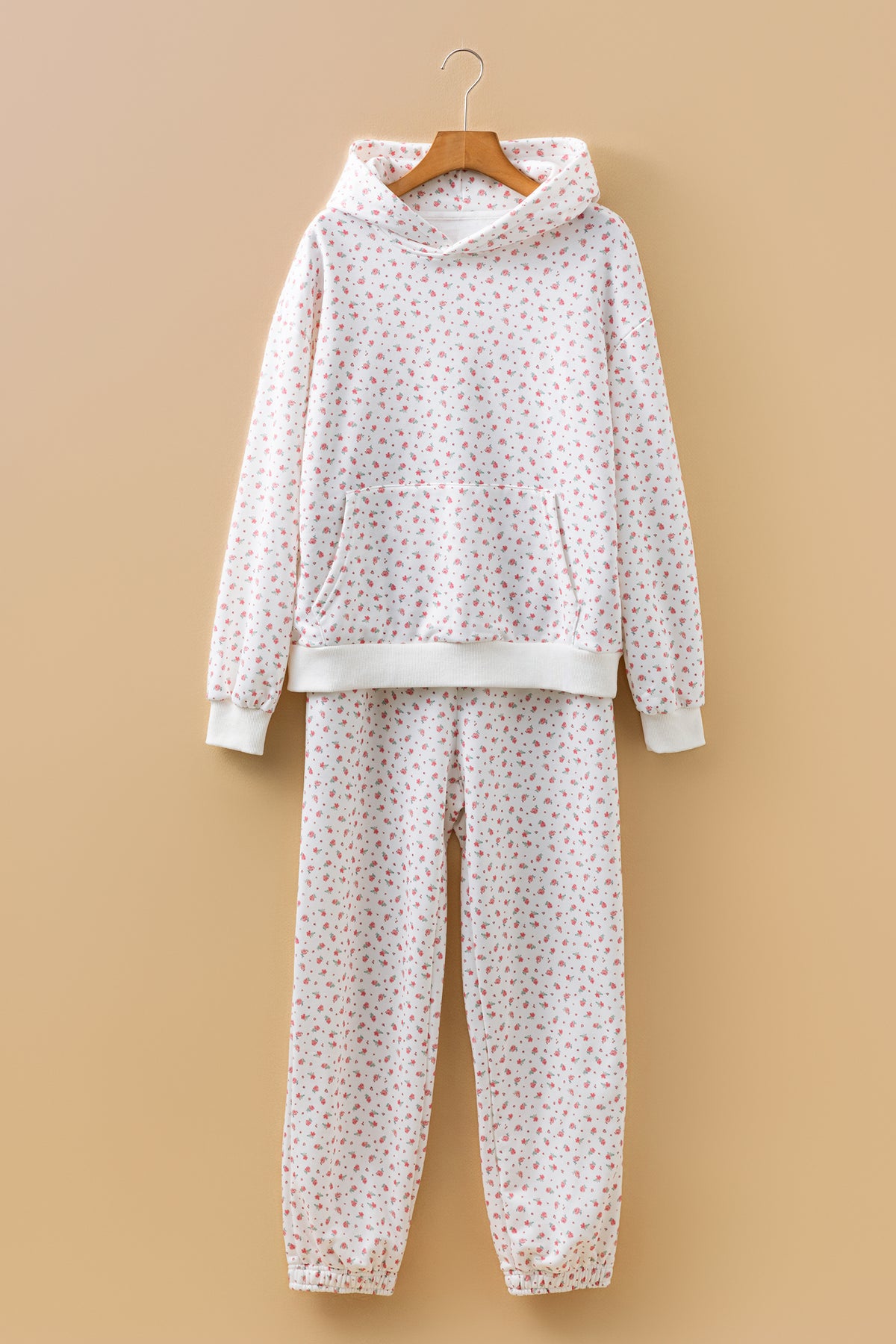 Women's Pink Floral Print Kangaroo Pocket Hoodie Sheath Sweatpants Set
