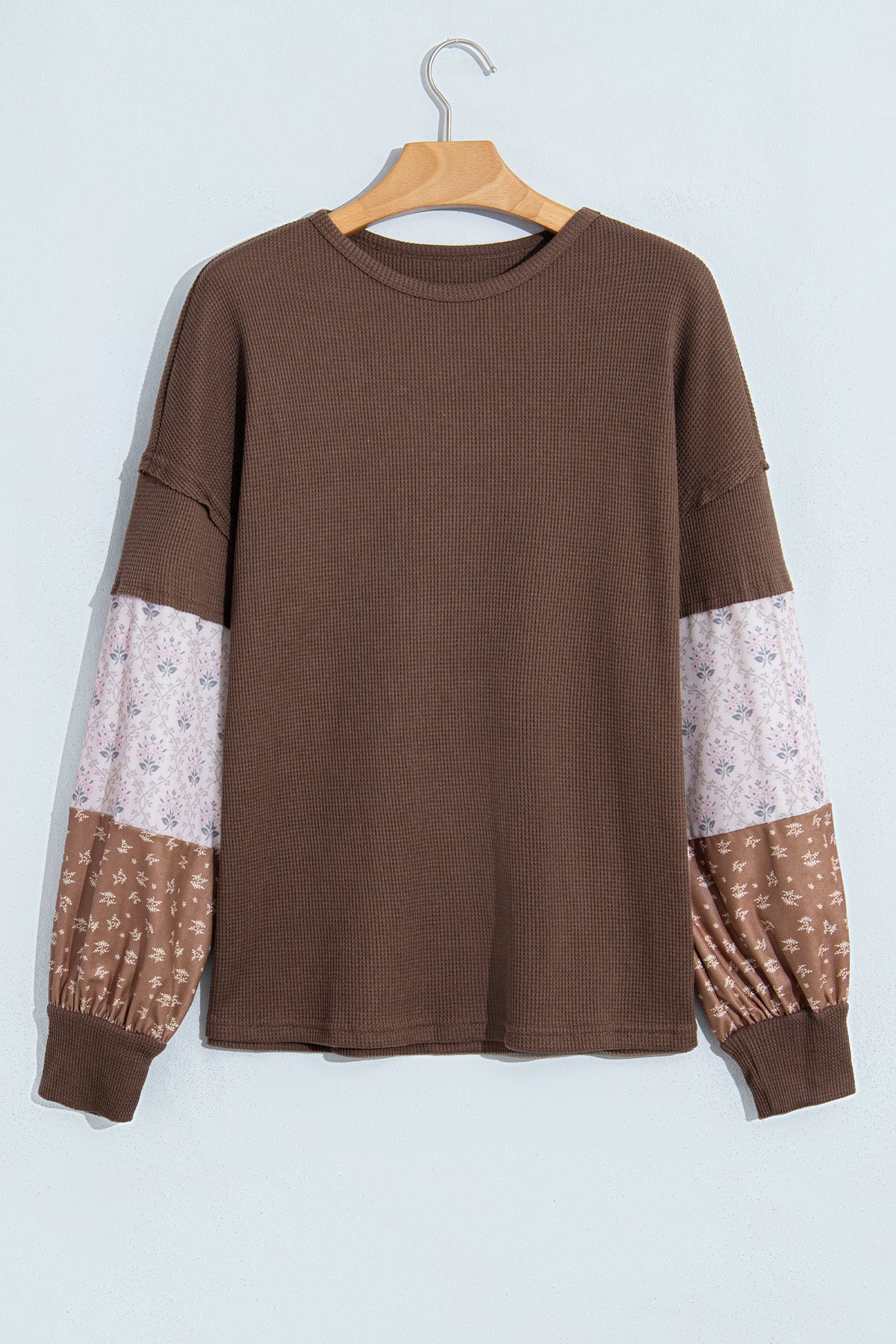 Coffee Floral Print Colorblock Textured Tunic Top