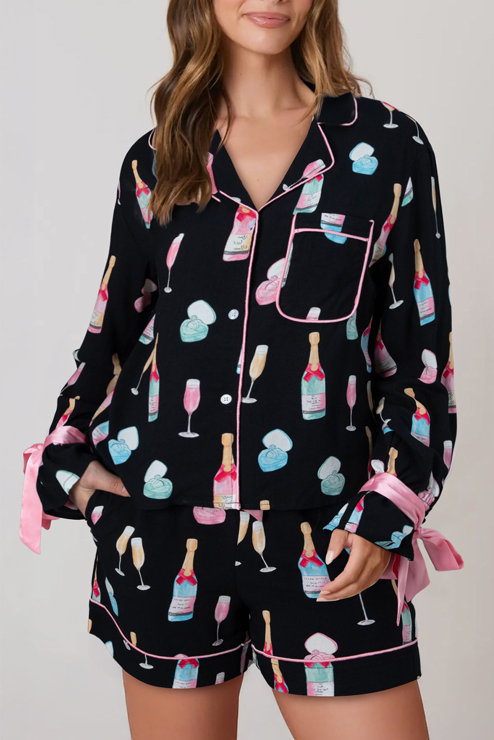 Black Christmas Wine Glass Print Bow Knot Pajama Set