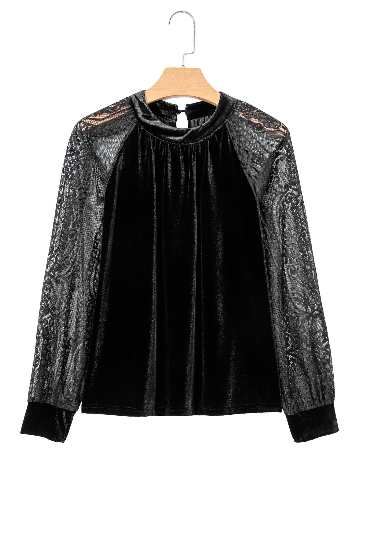 Color Black Solid Color Sheer Lace Long Sleeve Patchwork Stand Neck Velvet Blouse