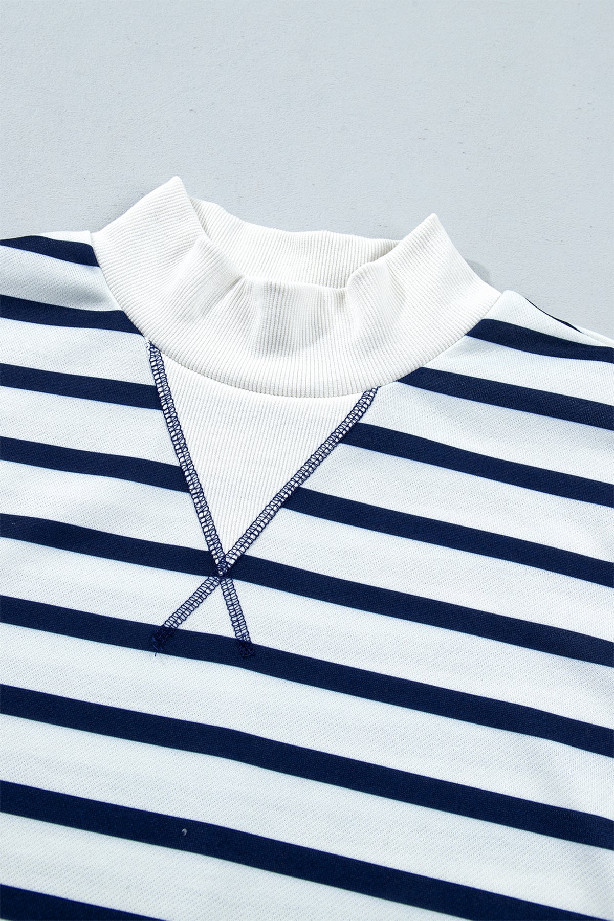 Blue Stripe Striped Stand Neck Ribbed Cuff Hem Sweatshirt