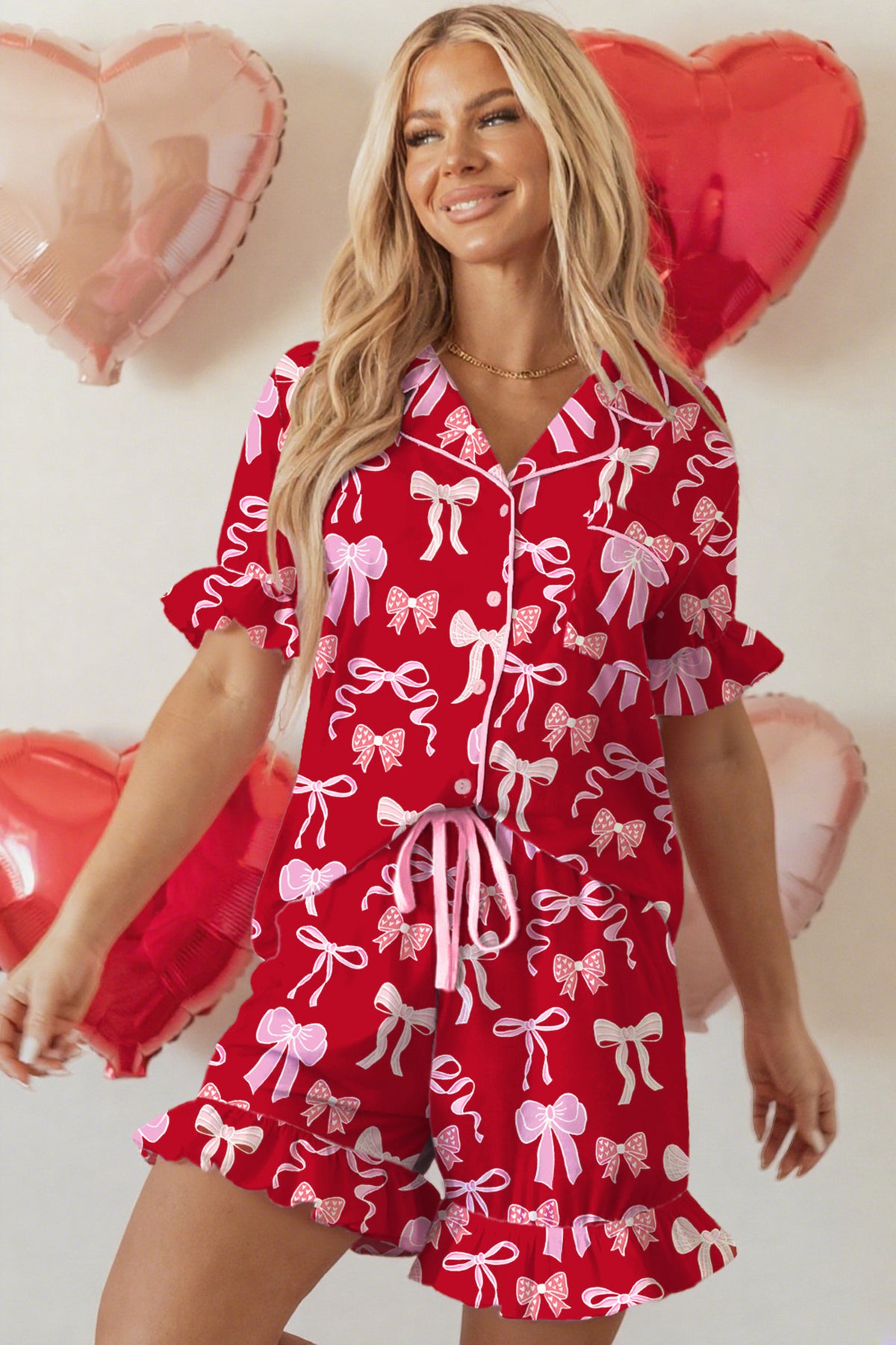 Red Sweet Bow Print Ruffled Short Sleeve Shirt Shorts Pajama Set