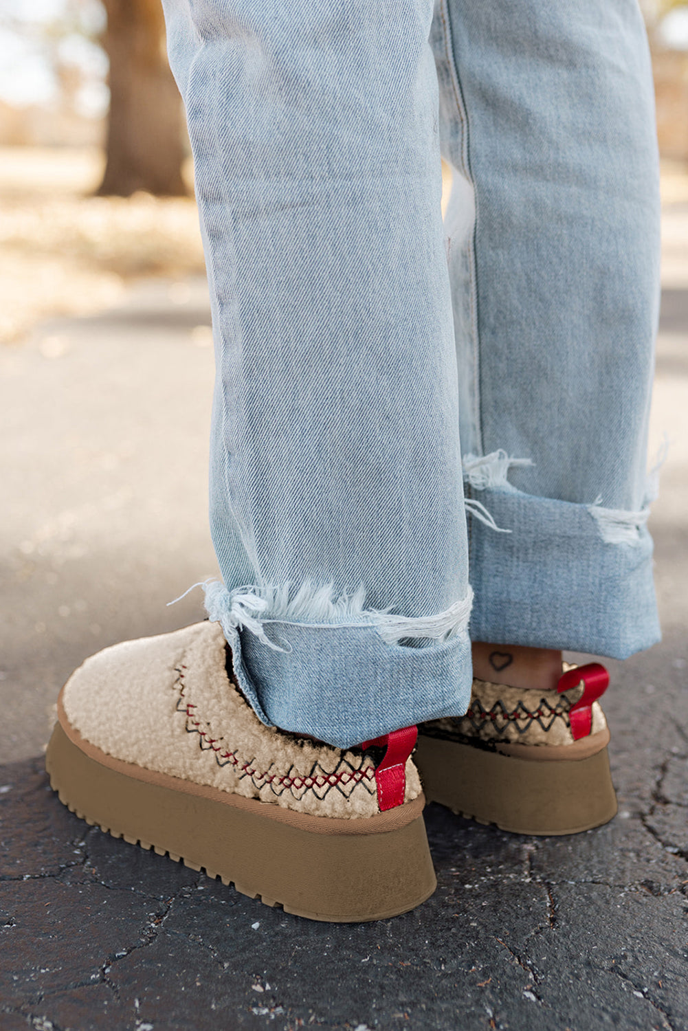 Oatmeal Soft Plush Embroidered Flat Platform Slippers
