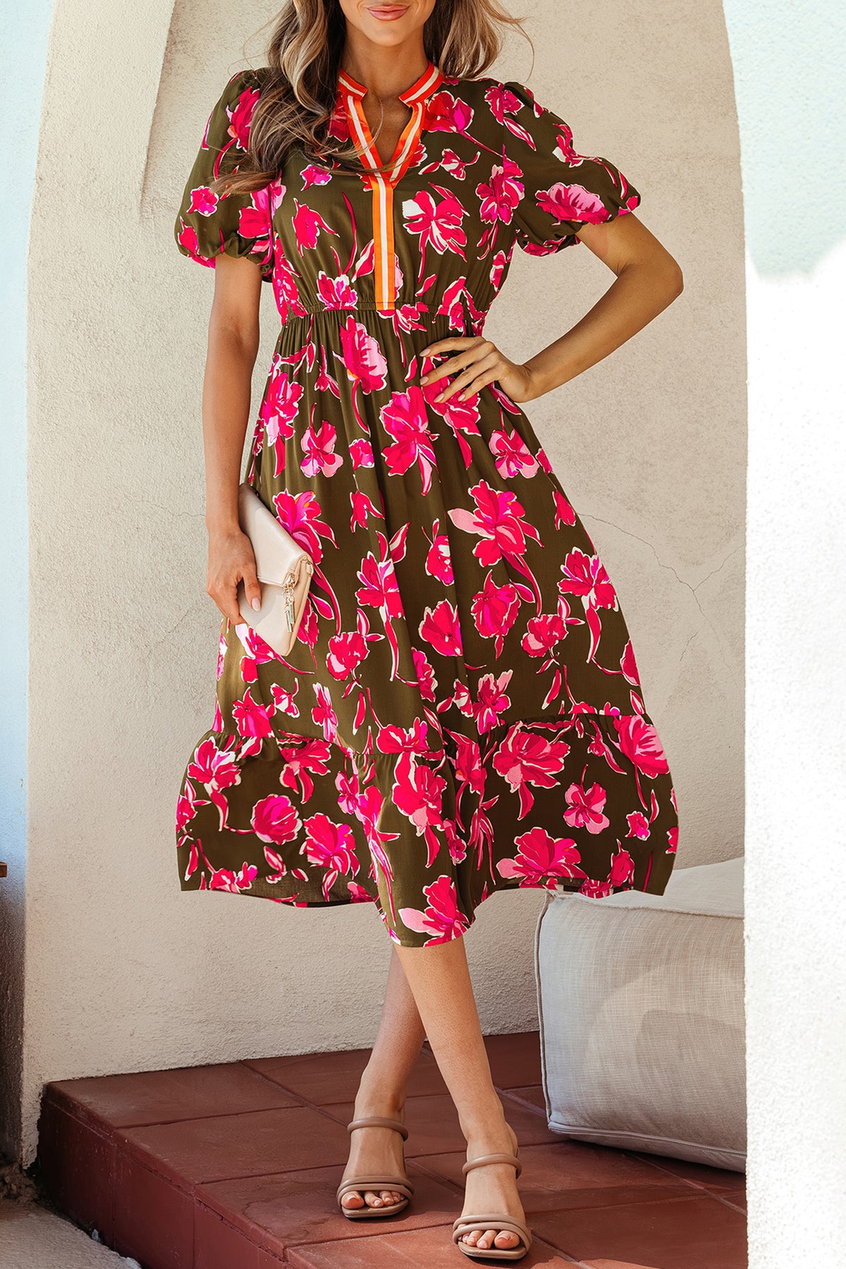 Green Floral Striped Split Neck Short Puff Sleeve Ruffle Hem Maxi Dress