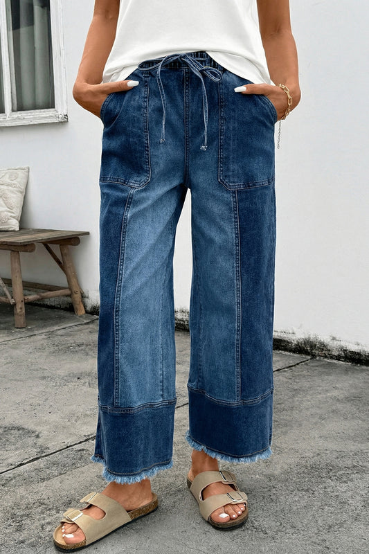 Prussian Blue Drawstring Seam Raw Hem Wide Leg Denim Pants
