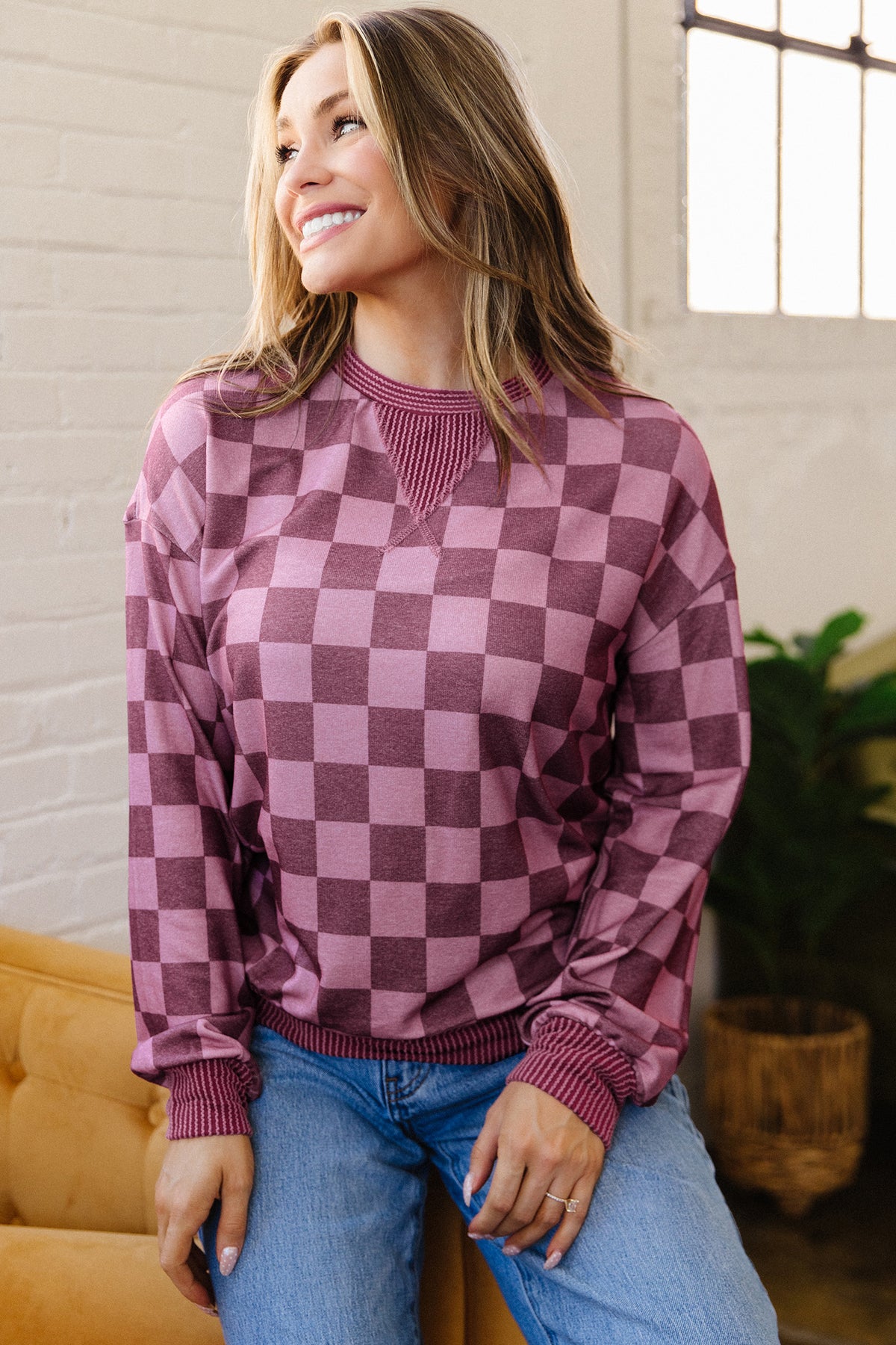 Red Ribbed Trim Checkered Print Pullover Top