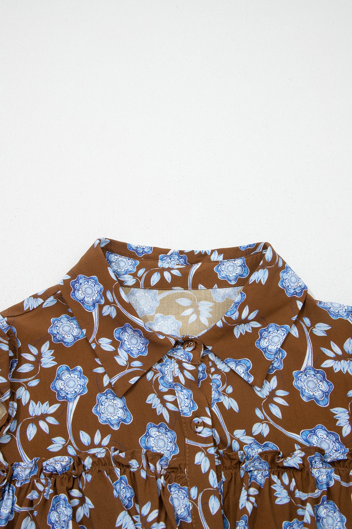 Brown Floral Print Ruffled Shirt Collar Button Down Long Sleeve Dress