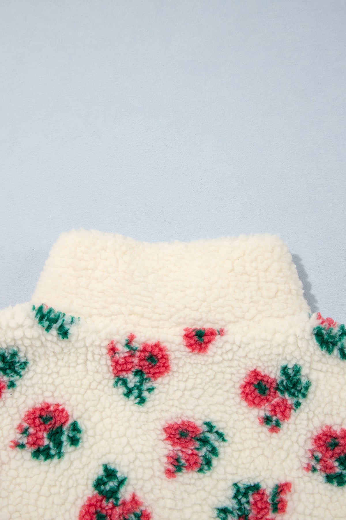 White Floral Fleece Contrast Trim Button Collar Sweatshirt