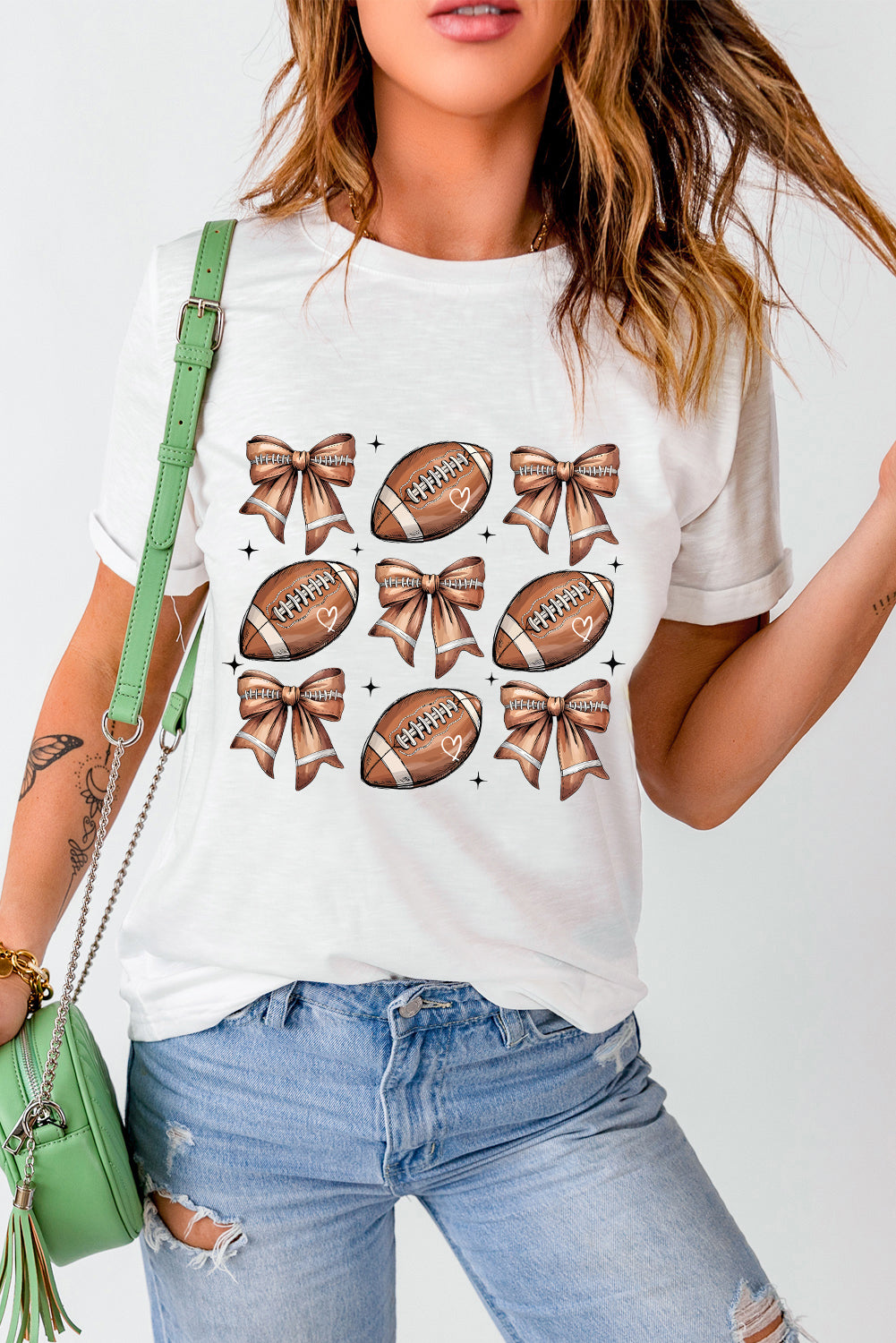 White Football Fashion Bow Print Cotton Blend T-Shirt