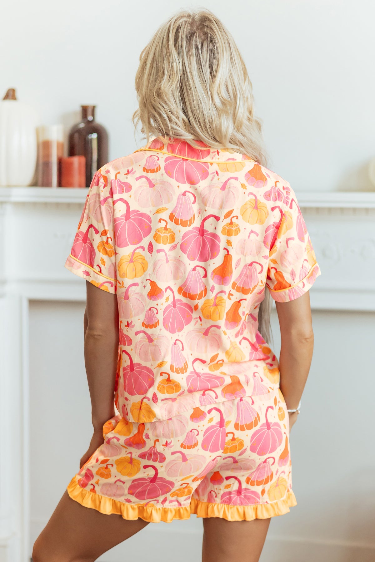 Pink Pumpkin Print Short Sleeve Shell Button Lounge Set