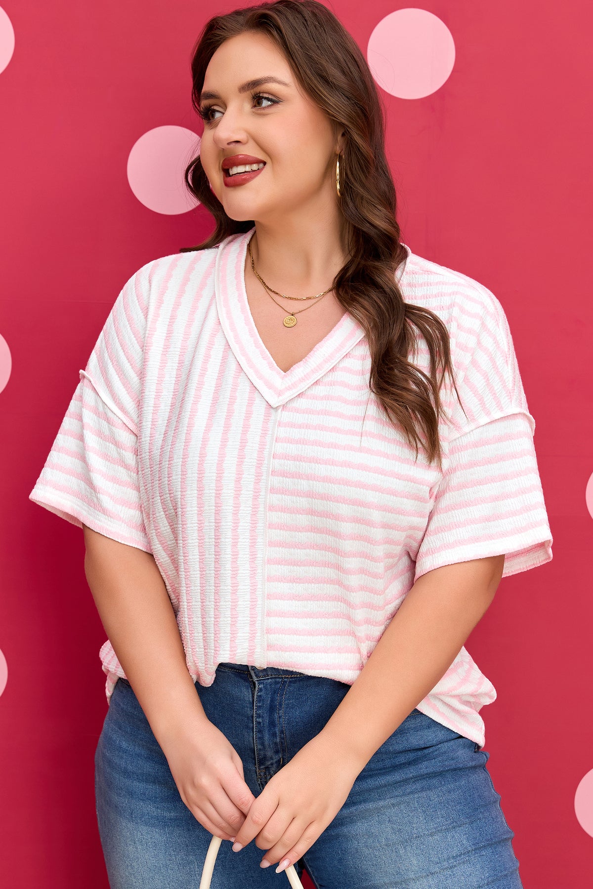 Pink Stripe Plus Size V-Neck Exposed Seam Patchwork T-Shirt