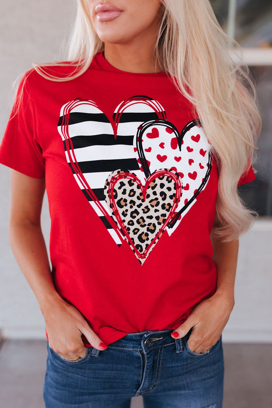 Red Leopard Striped Heart Shaped Print Crew Neck T-Shirt