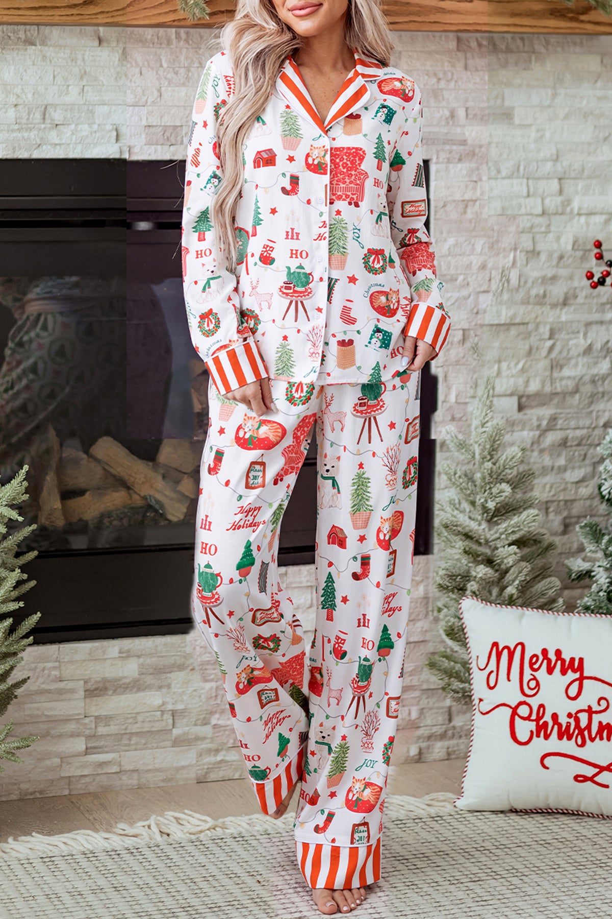 White Striped Holiday Long Sleeve Shift Home Wear Lounge Set