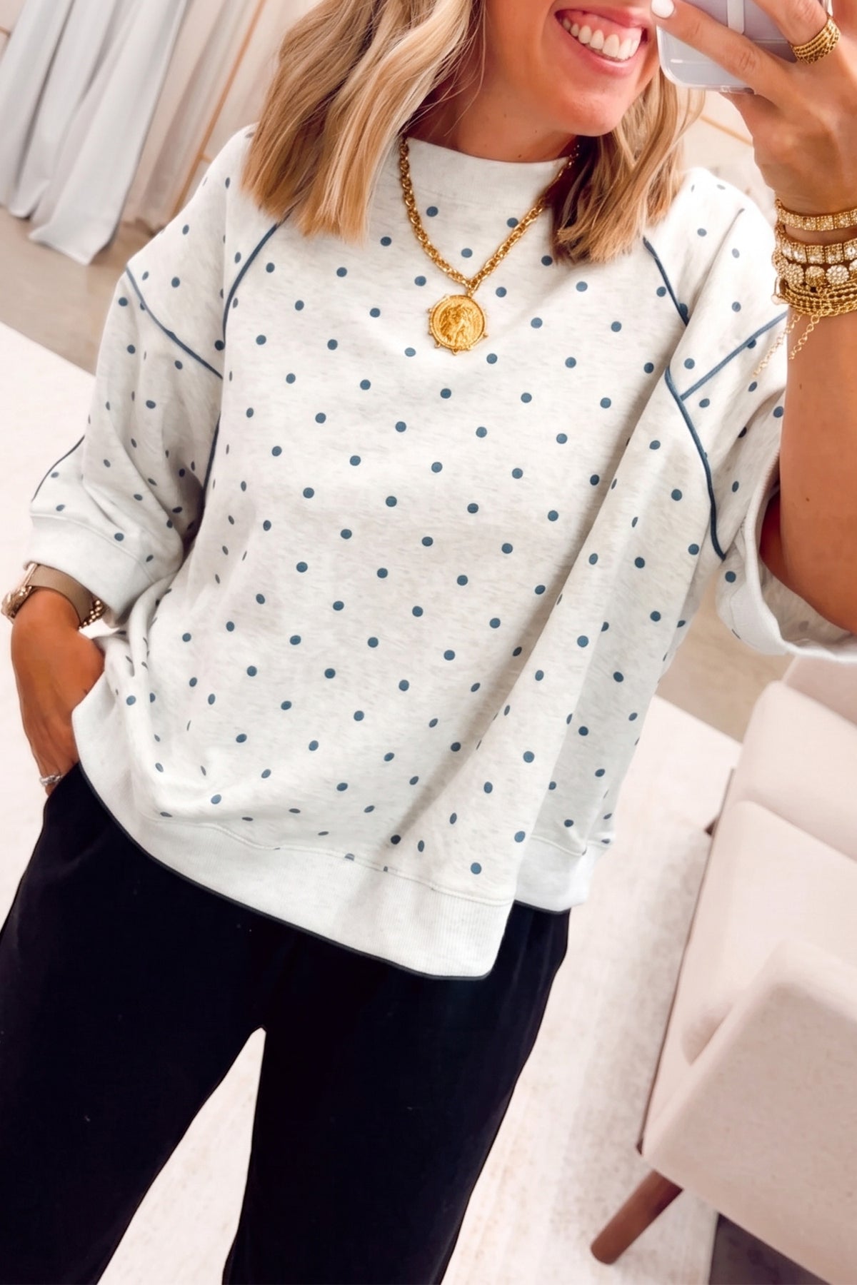 Gray Polka Dot Print Piping Trim 3/4 Sleeve Top
